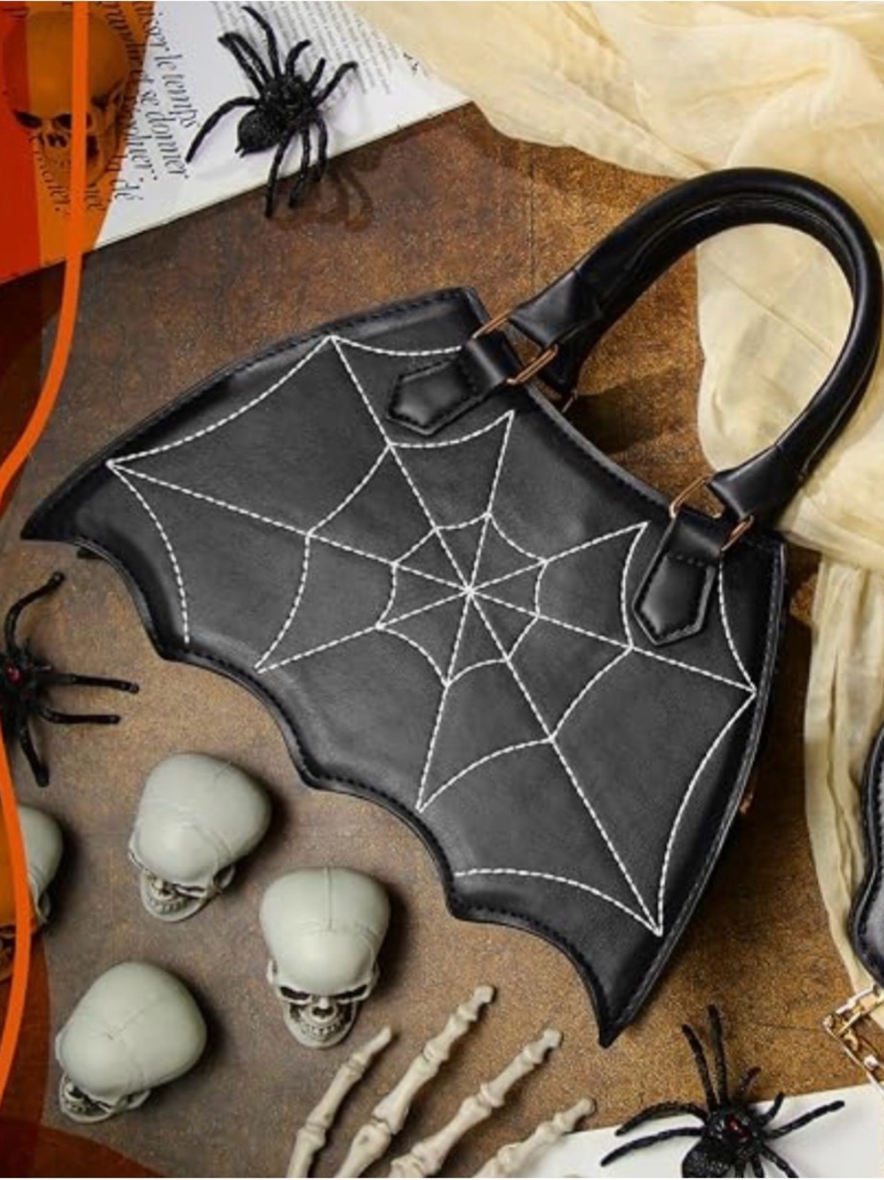 Alternative Black Batwing Crossbody Bag with White Spiderweb Stitching